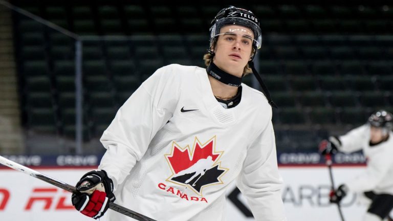 Canada's Porter Martone (22) looks on at practice during the 2026 IIHF World Junior Hockey Championship in St. Paul, Minn., on Saturday, Jan. 3, 2026. (Christopher Katsarov/THE CANADIAN PRESS)