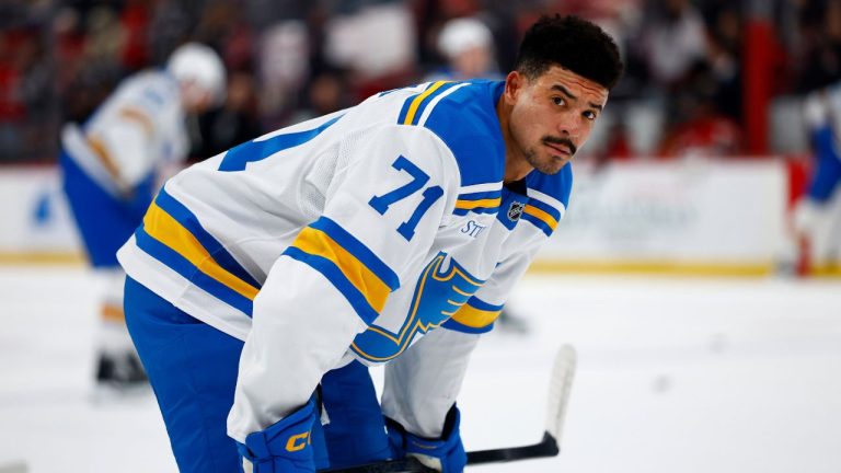 St. Louis Blues right wing Mathieu Joseph (71) during warm up before an NHL hockey game against the New Jersey Devils, Wednesday, Nov. 26, 2025, in Newark, N.J. (Noah K. Murray/AP)