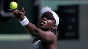 Victoria Mboko, of Canada, serves against Aryna Sabalenka, of Belarus, during a quarterfinal match at the BNP Paribas Open tennis tournament, Thursday, March 12, 2026, in Indian Wells, Calif. (Mark J. Terrill/AP Photo)