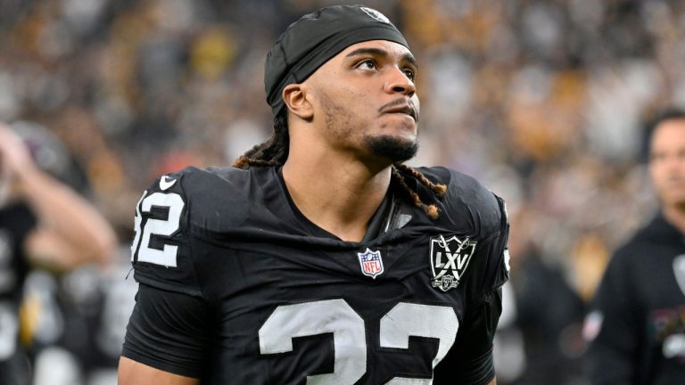 Las Vegas Raiders wide receiver Tyreik McAllister walks off the field after an NFL football game against the Pittsburgh Steelers, Sunday, Oct 13, 2024, in Las Vegas. (David Becker/AP)