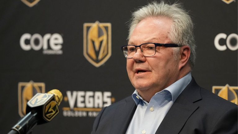 Kelly McCrimmon, general manager of the Vegas Golden Knights, speaks during a news conference before an NHL hockey game against the Philadelphia Flyers, Monday, Jan. 19, 2026, in Las Vegas. (Candice Ward/AP)