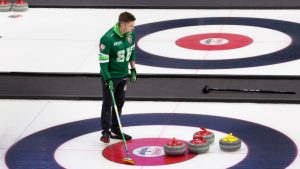 Mike McEwen of Team Saskatchewan-McEwen makes the call during Draw 14 at the Montana's Brier Canadian men's curling championship, in St. John's, N.L., on Wednesday, March 4, 2026. (Paul Daly/CP)