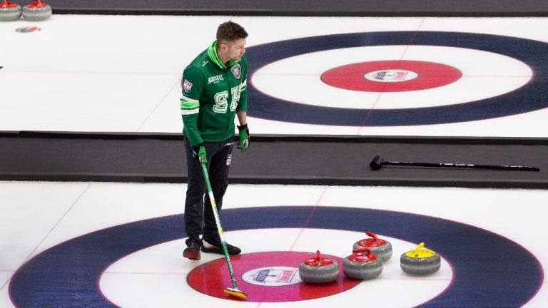 Mike McEwen of Team Saskatchewan-McEwen makes the call during Draw 14 at the Montana's Brier Canadian men's curling championship, in St. John's, N.L., on Wednesday, March 4, 2026. (Paul Daly/CP)