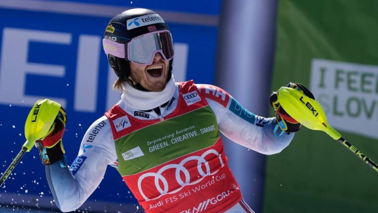 Norway's Atle Lie McGrath celebrates winning an alpine ski, men's World Cup slalom, in Kranjska Gora, Slovenia, Sunday, March 8, 2026. (Giovanni Auletta/AP)