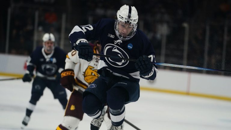 Penn State forward Gavin McKenna (72) leaps in the air during an NCAA hockey regional game against Minnesota Duluth, Friday, March 27, 2026 in Albany, N.Y. (Vera Nieuwenhuis/AP Photo)