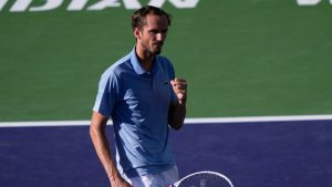 Daniil Medvedev, of Russia, reacts after winning a point against Carlos Alcaraz, of Spain, during a semifinal match at the BNP Paribas Open tennis tournament, Saturday, March 14, 2026, in Indian Wells, Calif. (Mark J. Terrill/AP)