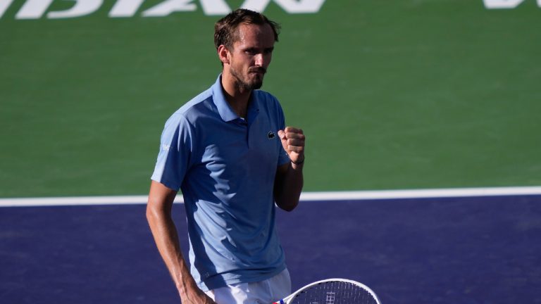 Daniil Medvedev, of Russia, reacts after winning a point against Carlos Alcaraz, of Spain, during a semifinal match at the BNP Paribas Open tennis tournament, Saturday, March 14, 2026, in Indian Wells, Calif. (Mark J. Terrill/AP)