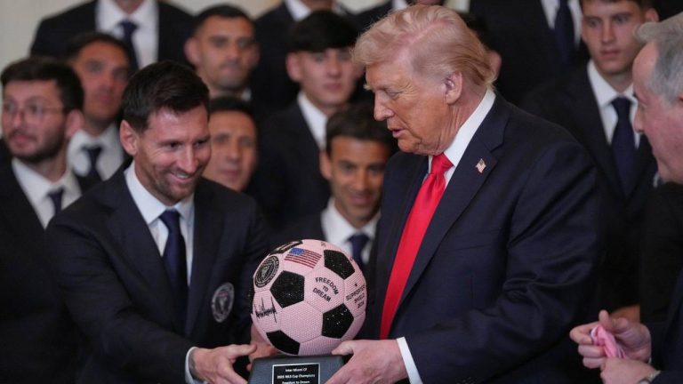 President Donald Trump receives a soccer ball trophy from Lionel Messi during an event to honor the 2025 Major League Soccer champions Inter Miami in the East Room of the White House, Thursday, March 5, 2026, in Washington. (Julia Demaree Nikhinson/AP)