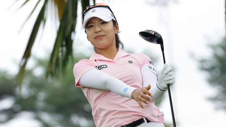 Lee Mi-hyang, of South Korea yees off during the HSBC Women's World Championship at Sentosa Golf Club in Singapore, Thursday, Feb. 26, 2026. (Suhaimi Abdullah/AP)