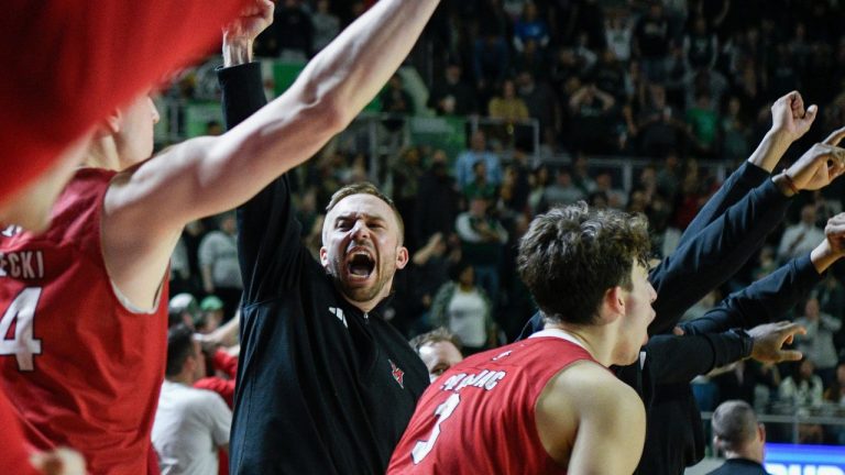 The Miami (Ohio) bench reacts after defeating Ohio in an NCAA college basketball game, Friday, March 6, 2026, in Athens, Ohio. (HG Biggs/AP Photo)