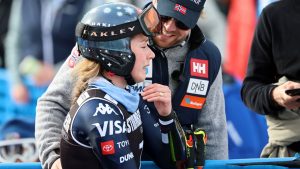 United States' Mikaela Shiffrin is overcome with emotion as her fiancee Norway's Aleksander Aamodt Kilde stands by her side, at the finish area of an alpine ski, women's giant slalom race, at the Lillehammer World Cup Finals, in Hafjell, Norway, Wednesday, March 25, 2026. (Marco Trovati/AP)