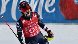United States' Mikaela Shiffrin reacts after winning an alpine ski, women's World Cup slalom, in Are, Sweden, Sunday, March 15, 2026. (Marco Trovati/AP)