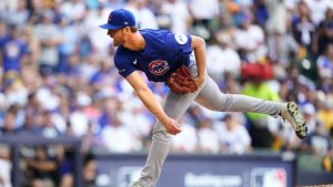 Chicago Cubs pitcher Michael Soroka (99) throws during the first inning in Game 1 of baseball's National League Division Series against the Milwaukee Brewers. (Kayla Wolf/AP)