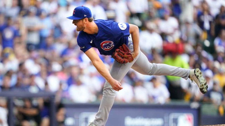 Chicago Cubs pitcher Michael Soroka (99) throws during the first inning in Game 1 of baseball's National League Division Series against the Milwaukee Brewers. (Kayla Wolf/AP)