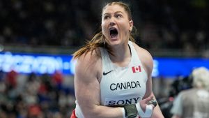 Sarah Mitton, of Canada, reacts during the women's shot put final at the World Athletics Indoor Championships in Torun, Poland, Friday, March 20, 2026. (Matthias Schrader/AP Photo)