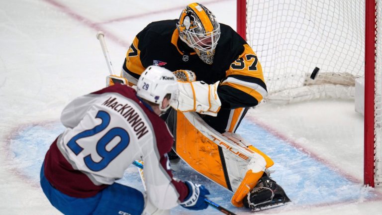 Colorado Avalanche's Nathan MacKinnon puts a shot behind Pittsburgh Penguins goaltender Arturs Silovs for a goal during the first period of an NHL game in Pittsburgh, Tuesday, March 24, 2026. (AP/Gene J. Puskar)