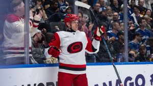 Carolina Hurricanes' Nikolaj Ehlers celebrates his goal against the Vancouver Canucks during the second period of an NHL hockey game in Vancouver, on Wednesday, March 4, 2026. (Ethan Cairns/CP)