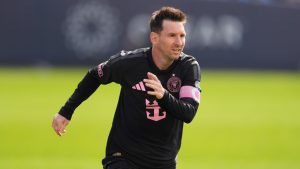 Inter Miami's Lionel Messi runs up the field during the second half of an MLS soccer game against New York City FC at Yankee Stadium in New York, Sunday, March 22, 2026. (Seth Wenig/AP)