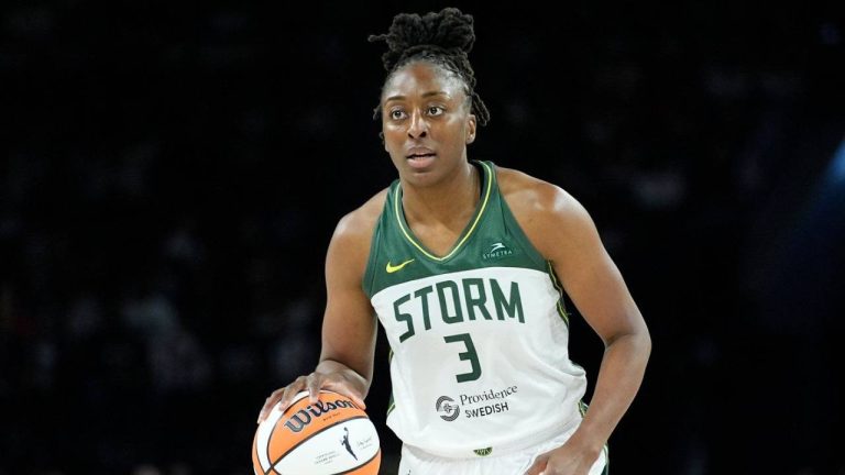Seattle Storm forward Nneka Ogwumike (3) plays against the Las Vegas Aces in Game 2 of a WNBA basketball first-round playoff game Sept. 24, 2024, in Las Vegas. (John Locher/AP)