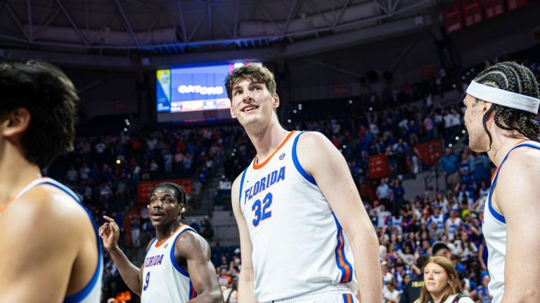 Florida centre Olivier Rioux (32) is all smiles following their win over Mississippi State during the second half of an NCAA college basketball game Tuesday, March 3, 2026, in Gainesville, Fla. (Morgan Hurd/AP)