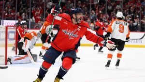 Washington Capitals left wing Alex Ovechkin (8) celebrates his goal during the first period of an NHL hockey game against the Philadelphia Flyers, Tuesday, March 31, 2026, in Washington. (Nick Wass/AP)
