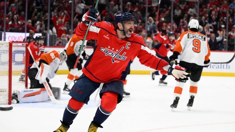 Washington Capitals left wing Alex Ovechkin (8) celebrates his goal during the first period of an NHL hockey game against the Philadelphia Flyers, Tuesday, March 31, 2026, in Washington. (Nick Wass/AP)