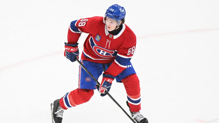 Montreal Canadiens' Owen Protz (68) moves the puck during first period NHL hockey Prospect Showdown action against the Toronto Maples Leafs in Montreal, Sunday, Sept. 14, 2025. (Graham Hughes/CP)