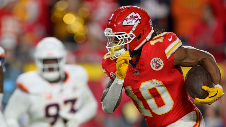 Kansas City Chiefs running back Isiah Pacheco (10) runs the ball against the Denver Broncos during the first half of an NFL football game, Thursday, Dec. 25, 2025 in Kansas City, Mo. (Reed Hoffmann/AP)