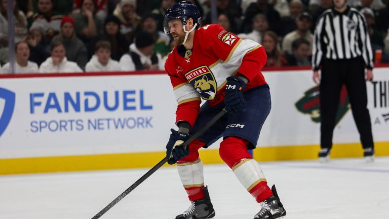Florida Panthers' Jeff Petry (2) controls the puck against the Minnesota Wild during the first period of an NHL hockey game, Saturday, Jan. 24, 2026, in St. Paul, Minn. (Lily Dozier/AP)