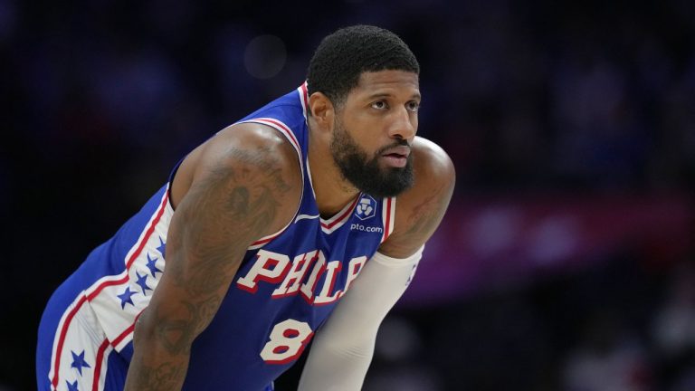 Philadelphia 76ers' Paul George looks on during a break in play during an NBA basketball game Thursday, Jan. 29, 2026, in Philadelphia. (Matt Slocum/AP)