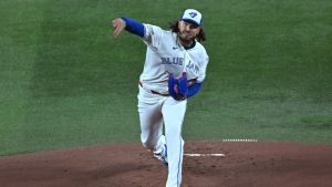 Toronto Blue Jays pitcher Cody Ponce (66) throws to a Colorado Rockies batter in first inning interleague MLB baseball action in Toronto on Monday, March 30, 2026. (Jon Blacker/THE CANADIAN PRESS)
