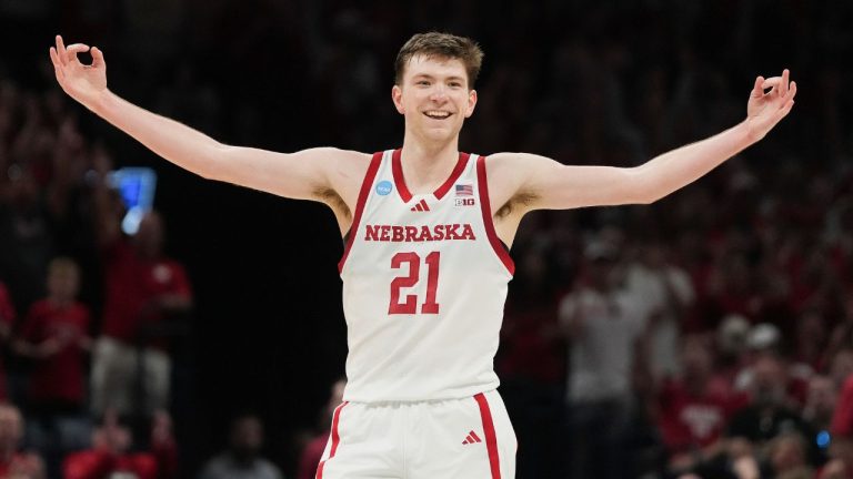 Nebraska forward Pryce Sandfort celebrates during the first half against Troy in the first round of the NCAA college basketball tournament, Thursday, March 19, 2026, in Oklahoma City. (Kyle Phillips/AP)