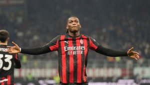 AC Milan's Rafael Leao celebrates after scoring the opening goal during the Serie A soccer match between AC Milan and Lazio, in Milan, Italy, Saturday, Nov. 29, 2025. (Antonio Calanni/AP)