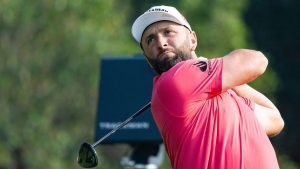 Captain Jon Rahm of Legion XIII hits his shot during the third round of LIV Golf tournament, Saturday, March 7, 2026, in Fanling, Hong Kong. (LIV Golf via AP)
