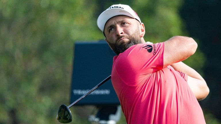 Captain Jon Rahm of Legion XIII hits his shot during the third round of LIV Golf tournament, Saturday, March 7, 2026, in Fanling, Hong Kong. (LIV Golf via AP)