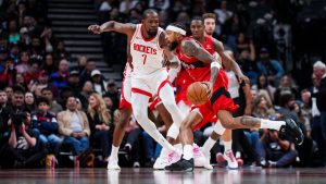 Toronto Raptors forward Brandon Ingram (3) dribbles against Houston Rockets forward Kevin Durant (7) during the first half of preseason NBA basketball action in Toronto, Wednesday, Oct. 29, 2025. (Thomas Skrlj/CP)
