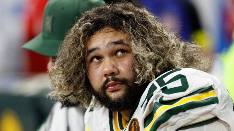 Green Bay Packers guard Sean Rhyan (75) on the sideline against the Detroit Lions during an NFL football game in Detroit, Nov. 27, 2025. (Rick Osentoski/AP)