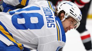 St. Louis Blues centre Robert Thomas (18) lines up for a faceoff during the second period of an NHL hockey game against the Buffalo Sabres Thursday, Nov. 6, 2025, in Buffalo, N.Y. (Jeffrey T. Barnes/AP)