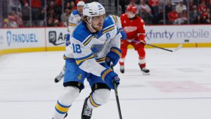 St. Louis Blues centre Robert Thomas (18) drives up the ice against the Detroit Red Wings during the second period of an NHL hockey game Saturday, Oct. 25, 2025, in Detroit. (Duane Burleson/AP)