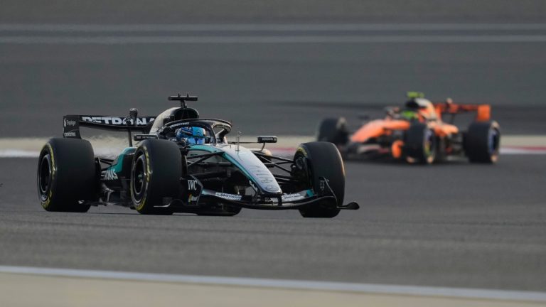 Mercedes driver George Russell of Britain steers his car during a Formula One pre-season test at the Bahrain International Circuit in Sakhir, Bahrain, Thursday, Feb. 12, 2026. (Altaf Qadri/AP)