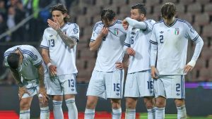Italy players react during a penalty shootout during the World Cup qualifying playoff final soccer match between Bosnia and Italy in Zenica, Bosnia, Tuesday, March 31, 2026. (Armin Durgut/AP Photo)