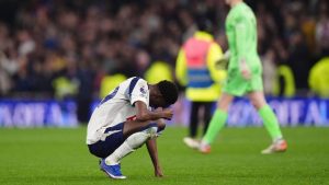 Tottenham Hotspur's Pape Matar Sarr reacts after the English Premier League soccer match between Tottenham Hotspur and Crystal Palace in London, Thursday, March 5, 2026. (John Walton/PA via AP)