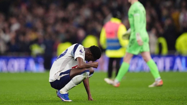 Tottenham Hotspur's Pape Matar Sarr reacts after the English Premier League soccer match between Tottenham Hotspur and Crystal Palace in London, Thursday, March 5, 2026. (John Walton/PA via AP)
