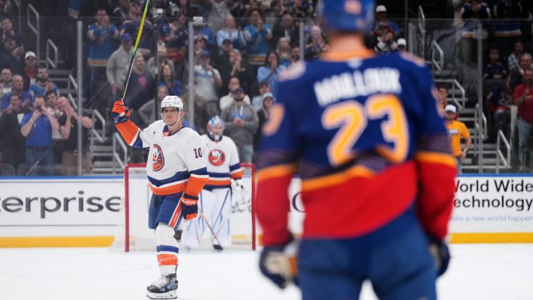 New York Islanders' Brayden Schenn (10) is honored during a time out during the first period of an NHL hockey game against the St. Louis Blues Tuesday, March 10, 2026, in St. Louis. (Jeff Roberson/AP)