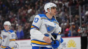St. Louis Blues centre Brayden Schenn (10) in the third period of an NHL hockey game Wednesday, Dec. 31, 2025, in Denver. (David Zalubowski/AP)