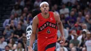 Toronto Raptors forward Scottie Barnes reacts after making a basket at the buzzer to end the first half of an NBA basketball game against the Utah Jazz, Monday, March 23, 2026, in Salt Lake City. (Rob Gray/AP)