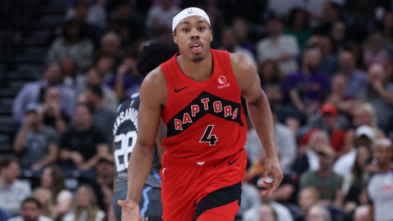Toronto Raptors forward Scottie Barnes reacts after making a basket at the buzzer to end the first half of an NBA basketball game against the Utah Jazz, Monday, March 23, 2026, in Salt Lake City. (Rob Gray/AP)