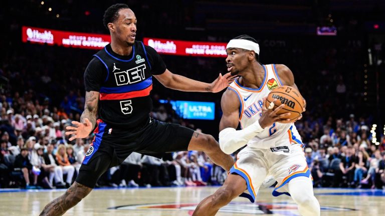 Oklahoma City Thunder guard Shai Gilgeous-Alexander (2) drives against Detroit Pistons forward Ronald Holland II (5) during the second half of an NBA basketball game Monday, March. 30, 2026, in Oklahoma City. (Gerald Leong/AP Photo)