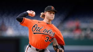 Baltimore Orioles pitcher Shane Baz (34) in action during an exhibition baseball game against the Washington Nationals, Monday, March 23, 2026, in Washington. (Nick Wass/AP)