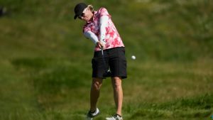 Alena Sharp, of Canada, plays a shot from the 3rd fairway during the second round of the women's golf event at the 2024 Summer Olympics, Thursday, Aug. 8, 2024, at Le Golf National, in Saint-Quentin-en-Yvelines, France. (Matt York/AP)